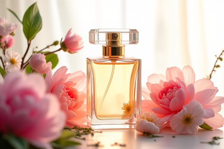 Trendige Parfümflakons arrangiert mit saisonalen Blüten