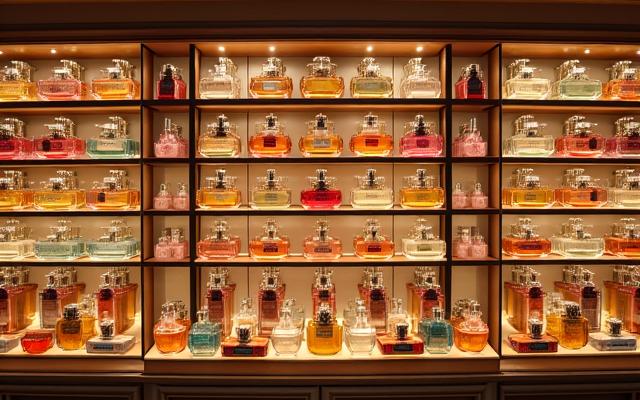 Vielfältige Parfüm-Kollektionen in einer eleganten Anordnung
