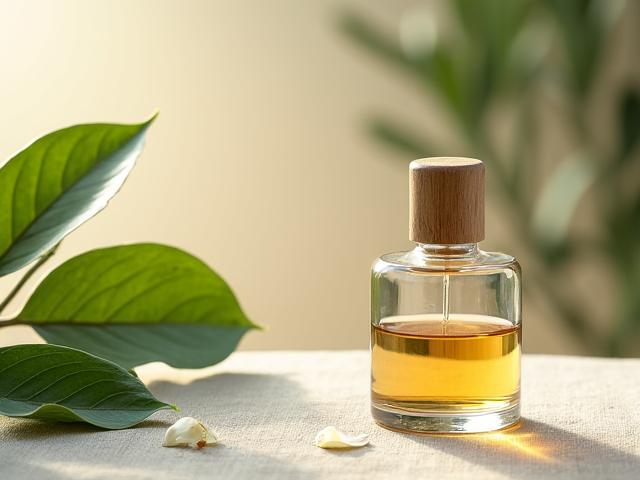 Nachhaltiges Parfüm mit natürlicher Verpackung und grünen Blättern