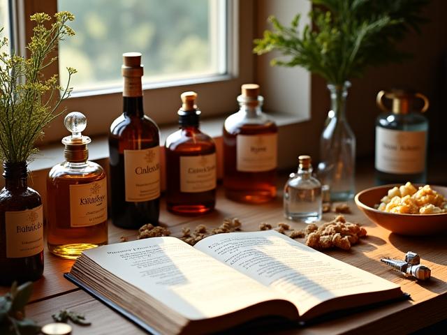 Arbeitsplatz in einem Parfüm-Atelier mit Flakons, Reagenzgläsern und Botanicals